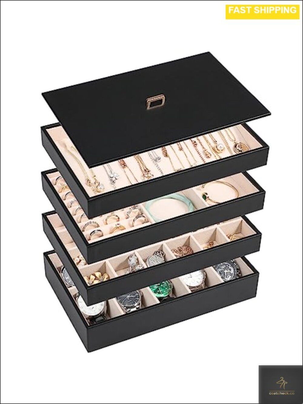 Stackable Jewelry Organizer Tray Set with Lid PU Leather Wood 4-Tier